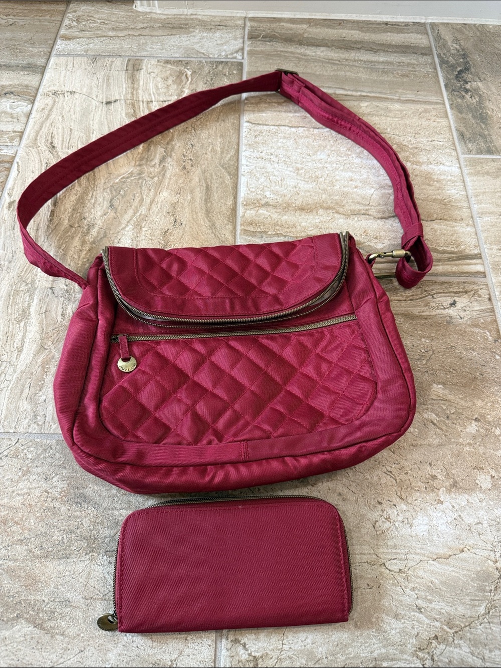 Travelon Quilted Raspberry Red Crossbody Bag & Wallet with Gold Accents